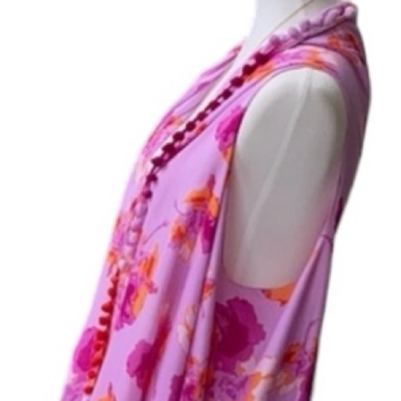 America & Beyond Boho Long Duster Draping Floral Pom Pom Summer Vest Cover Up OS - Picture 2 of 11
